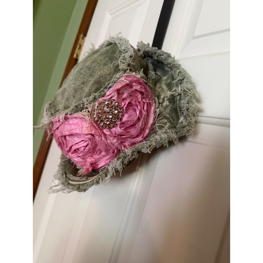 Blueberry Kate blue gray Denim Distressed Bucket Hat Pink Rosettes Brooch Boho